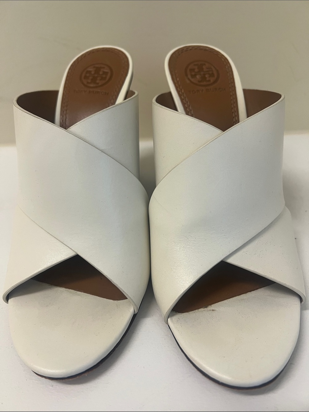 Tory Burch White Leather Crisscross Slide Mules